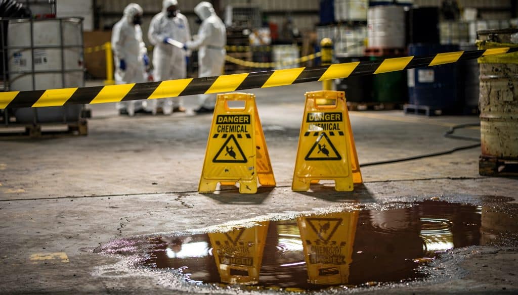 Hazardous Chemical Spill Response in Warehouse: Safety Measures, Reflective Warning Signs, and Protective Suits Ensuring a Secure Containment and Cleanup Operation