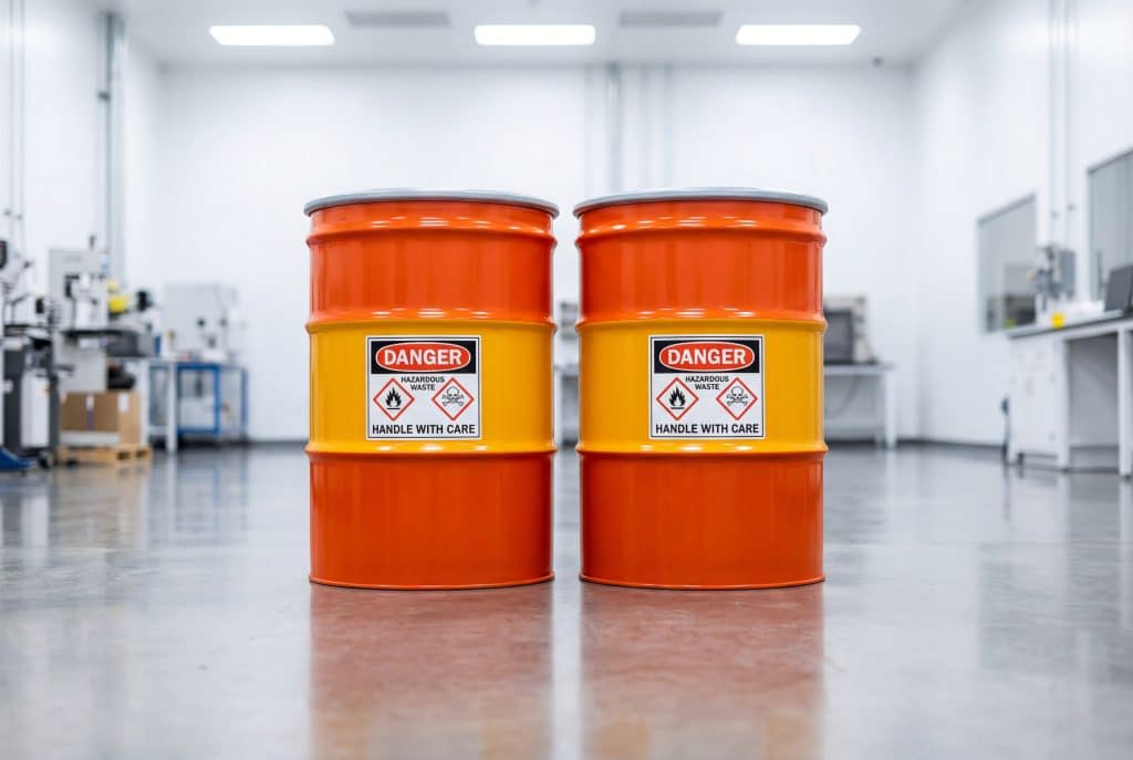A pair of orange and yellow barrels for hazardous drummed waste disposal by Effluent Retrieval Services in PA, NY, and NJ