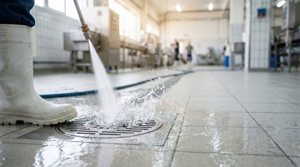 Facility Cleaning and Disinfecting Industrial equipment, worker power washing tiled floor drain in food processing facility, ensuring strict hygiene protocols Effluent Retrieval